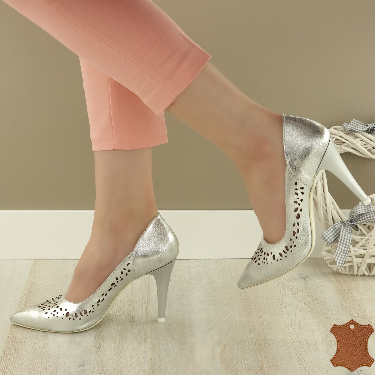 Pantofi Dama Argintii Piele Naturala Idana