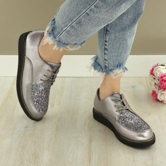 Pantofi Casual Sport Dama Argintii Cu Siret Ragle
