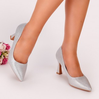 Pantofi Damă Argintii Cu Toc Subtire Eroza